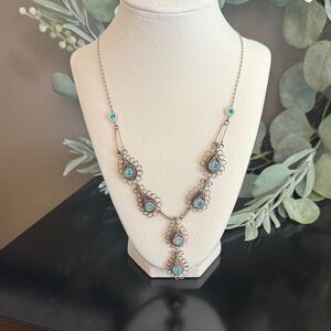 Vintage Silver Tone Filigree Necklace with Aqua Blue Rhinestones Boho Statement
